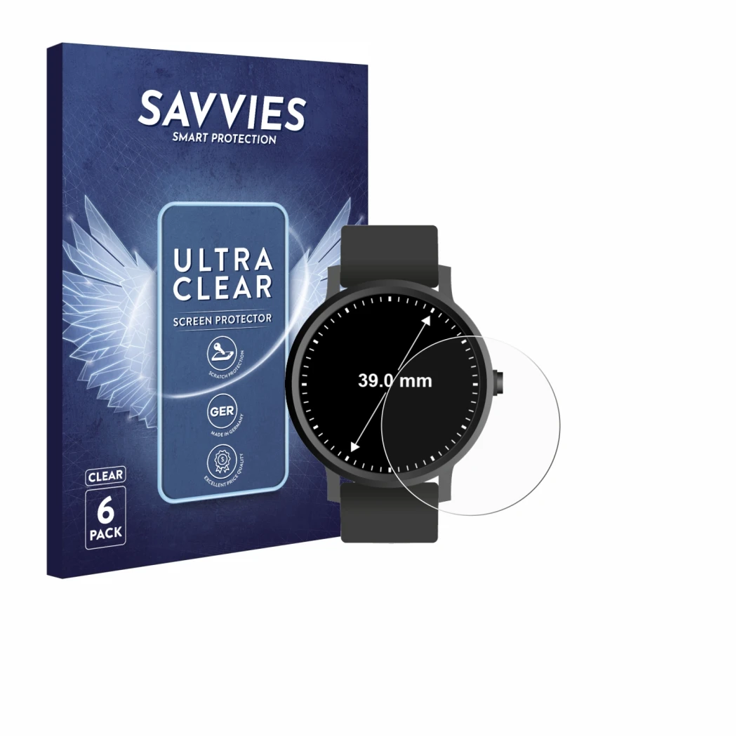 Face avant d’un emballage produit avec le logo de la marque Savvies. À côté, l’appareil Circulaire Displays (ø: 39 mm) est rep
