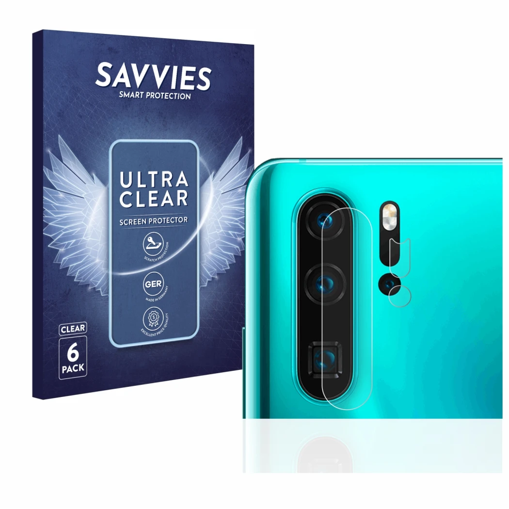 Face avant d’un emballage produit avec le logo de la marque Savvies. À côté, l’appareil Huawei P30 Pro (Caméra UNIQUEMENT) est