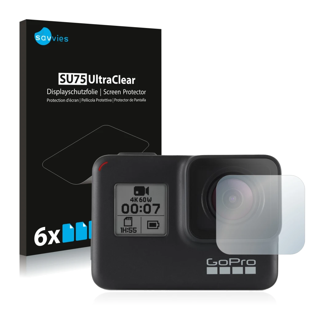 Face avant d’un emballage produit avec le logo de la marque Savvies. À côté, l’appareil GoPro Hero 7 Black (Lentille) est repr