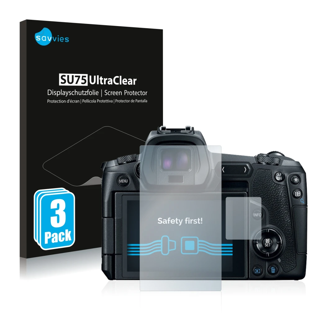 Face avant d’un emballage produit avec le logo de la marque Savvies. À côté, l’appareil Canon EOS R est représenté avec la pro