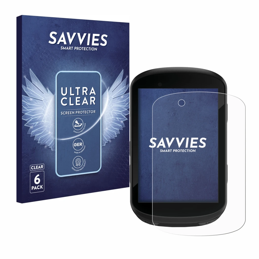 Face avant d’un emballage produit avec le logo de la marque Savvies. À côté, l’appareil Garmin Edge 830 est représenté avec la