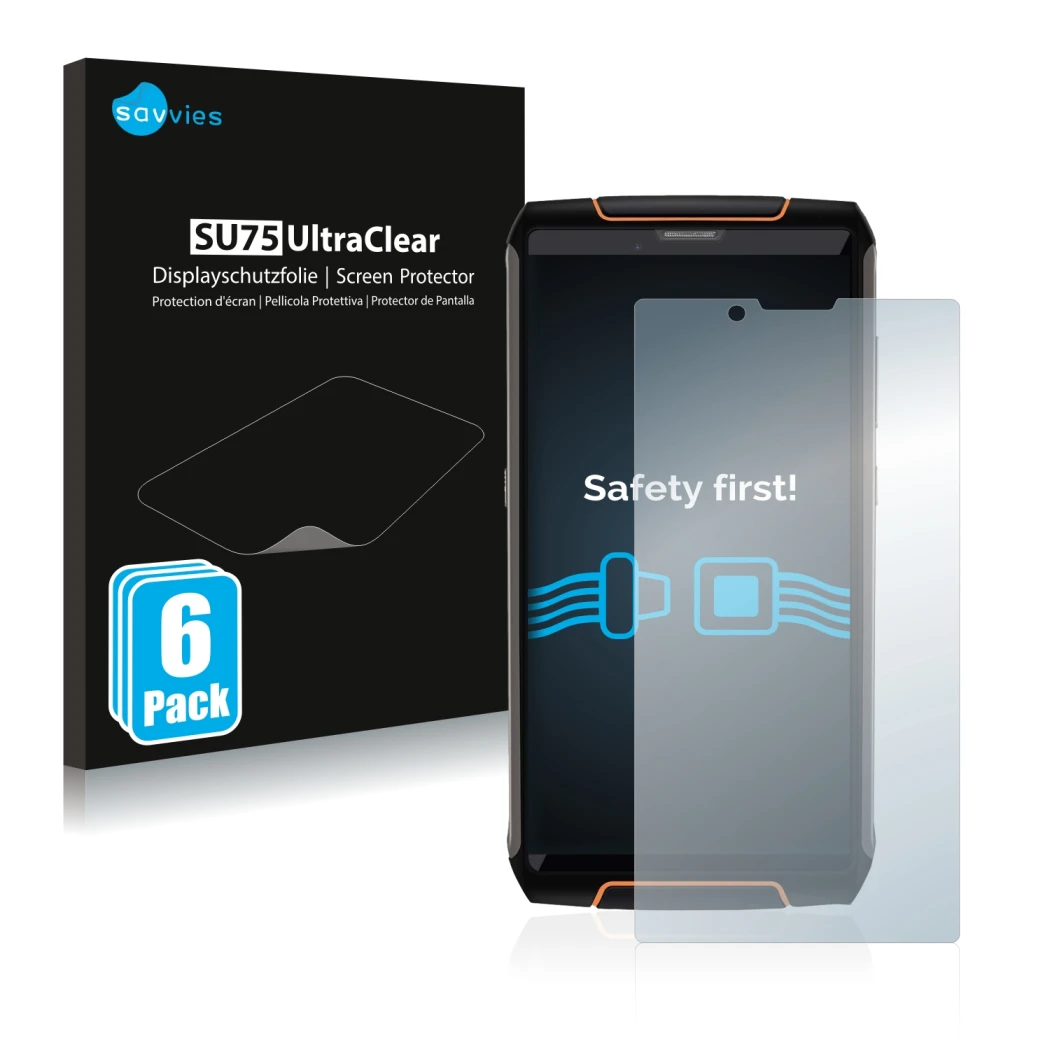 Face avant d’un emballage produit avec le logo de la marque Savvies. À côté, l’appareil Cubot King Kong 3 est représenté avec 