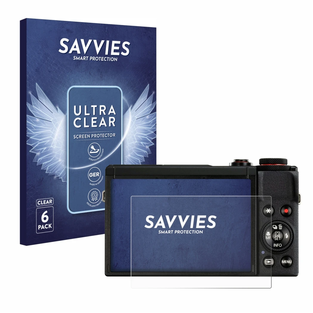 Face avant d’un emballage produit avec le logo de la marque Savvies. À côté, l’appareil Canon PowerShot G7 X Mark III est repr
