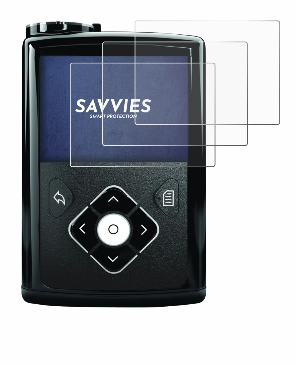 Image de l'appareil Medtronic Minimed 640G avec une grande variété de protections d'écran.