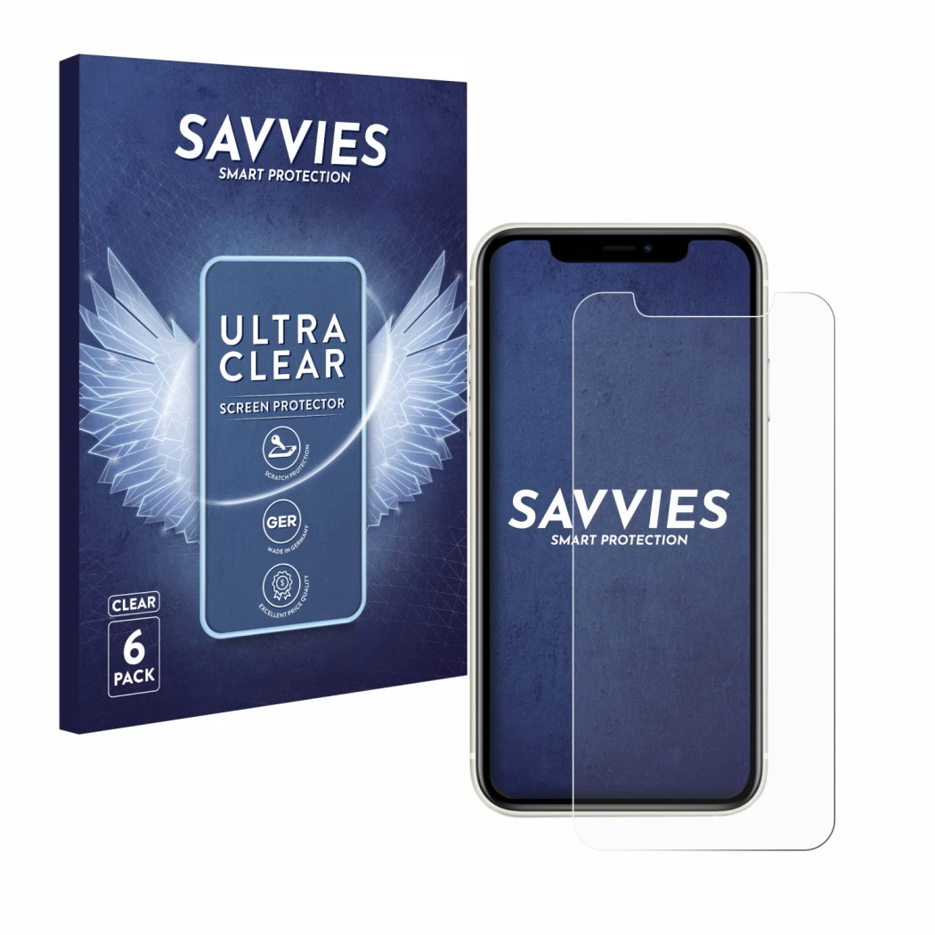 Face avant d’un emballage produit avec le logo de la marque Savvies. À côté, l’appareil Apple iPhone 11 est représenté avec la