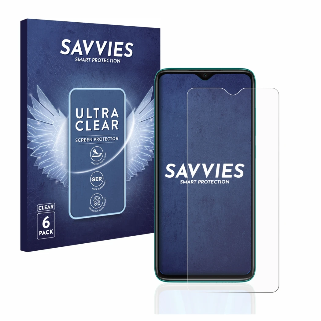 Face avant d’un emballage produit avec le logo de la marque Savvies. À côté, l’appareil Xiaomi Redmi Note 8 Pro est représenté