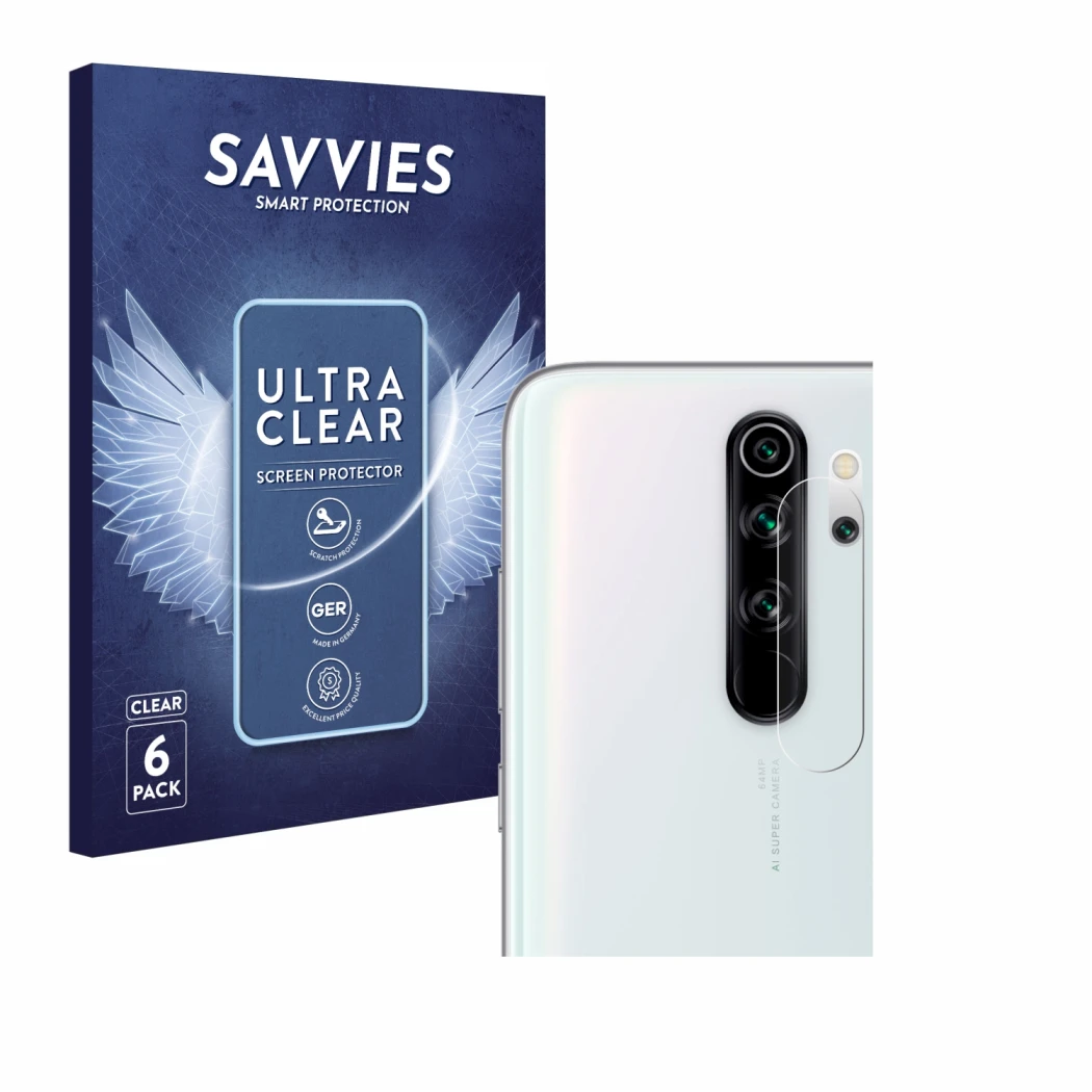 Face avant d’un emballage produit avec le logo de la marque Savvies. À côté, l’appareil Xiaomi Redmi Note 8 Pro (Caméra UNIQUE