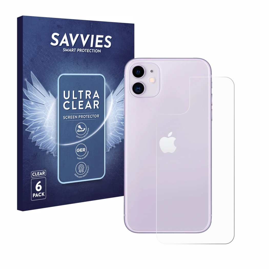 Face avant d’un emballage produit avec le logo de la marque Savvies. À côté, l’appareil Apple iPhone 11 (Arrière) est représen