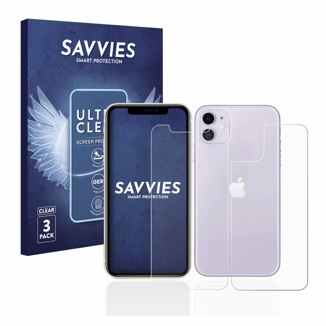 Face avant d’un emballage produit avec le logo de la marque Savvies. À côté, l’appareil Apple iPhone 11 (Avant+Arrière) est re