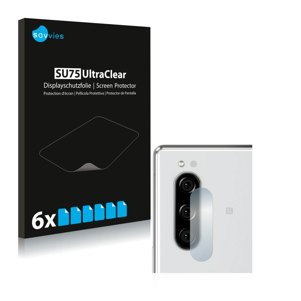 Face avant d’un emballage produit avec le logo de la marque Savvies. À côté, l’appareil Sony Xperia 5 (Caméra UNIQUEMENT) est 