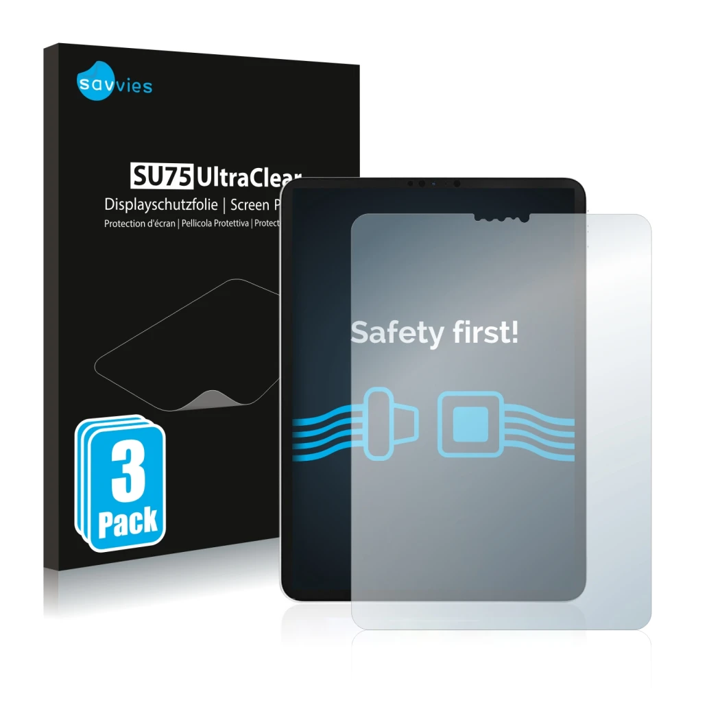 Face avant d’un emballage produit avec le logo de la marque Savvies. À côté, l’appareil Apple iPad Pro 11