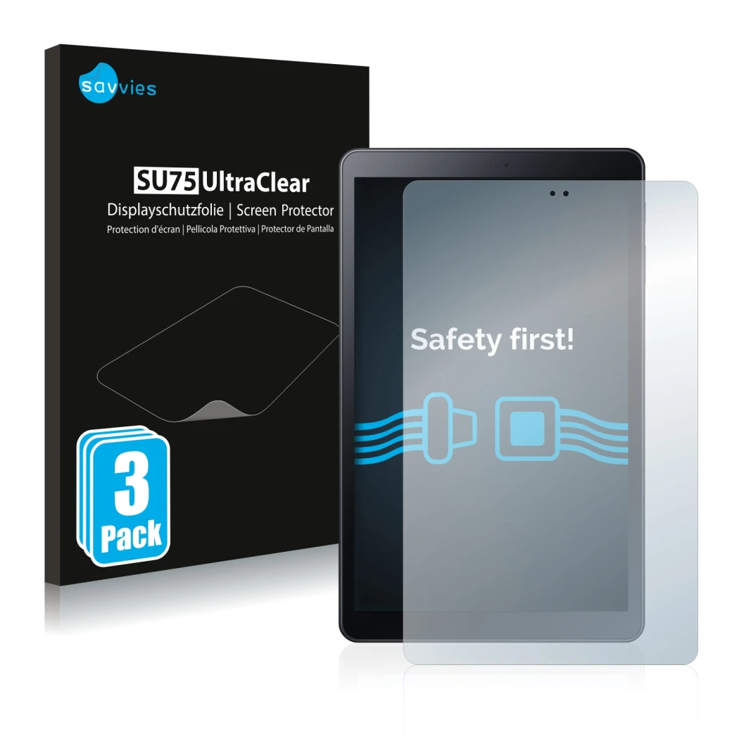 Face avant d’un emballage produit avec le logo de la marque Savvies. À côté, l’appareil Samsung Galaxy Tab A 10.5 WiFi 2018 es