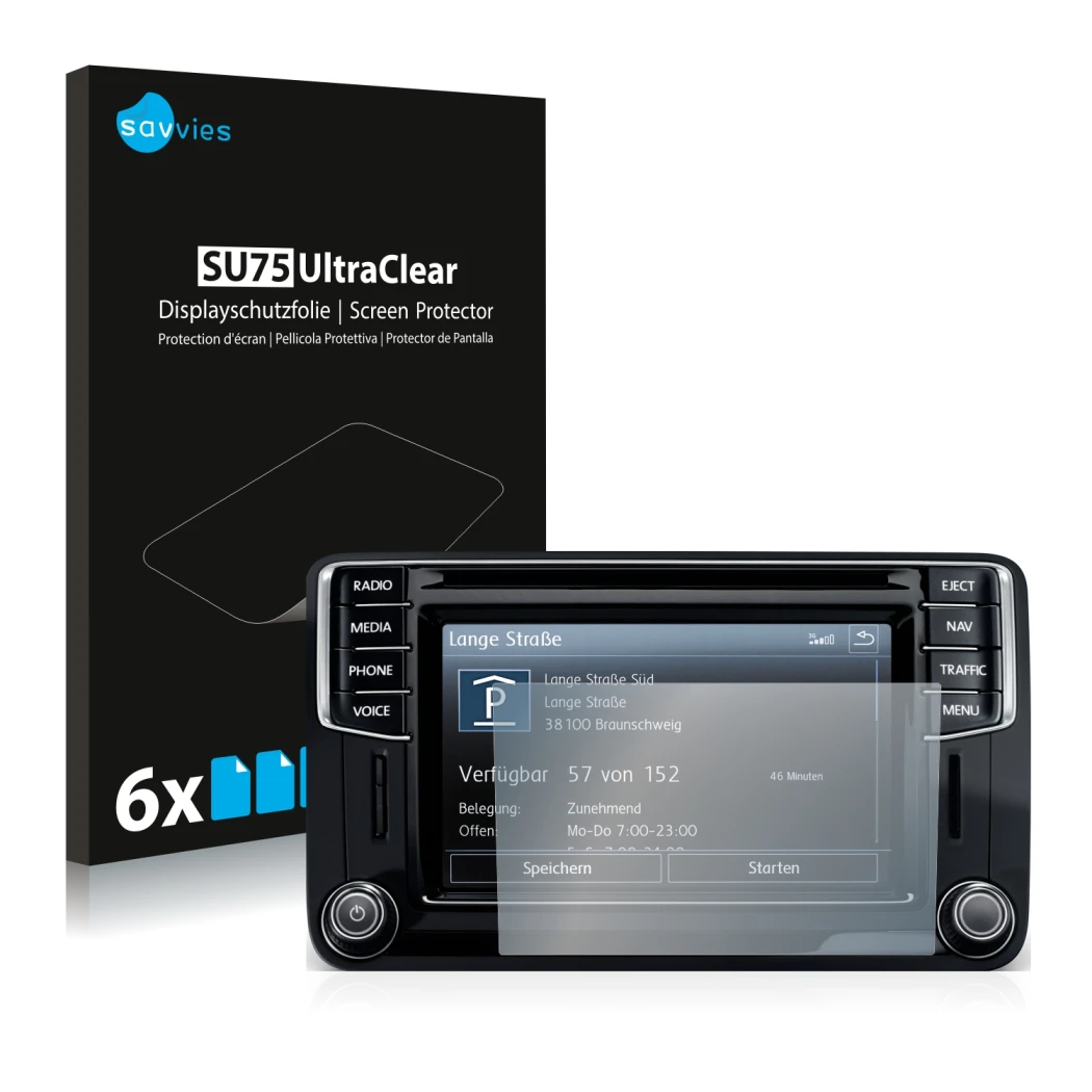 Face avant d’un emballage produit avec le logo de la marque Savvies. À côté, l’appareil Volkswagen Caddy 2015 Discover Media 6