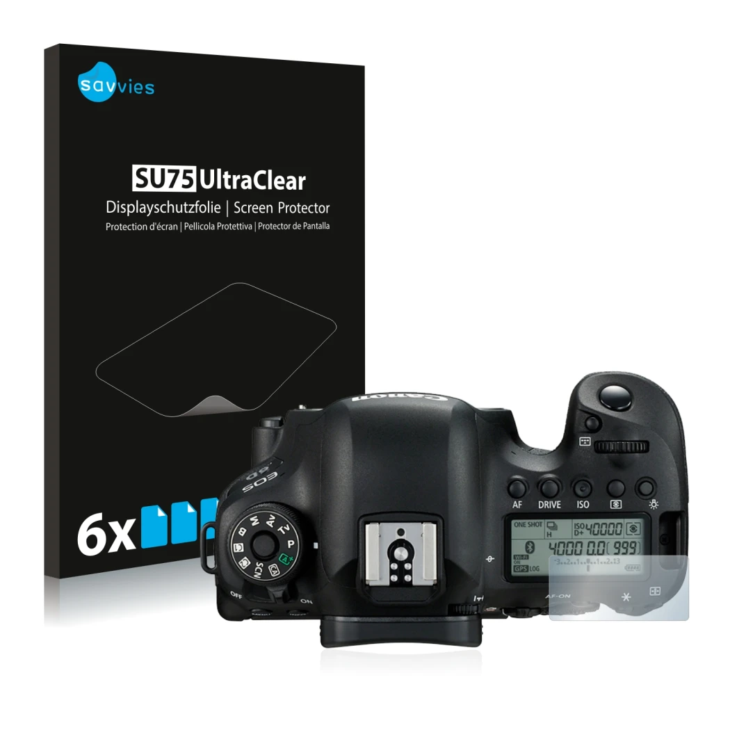 Face avant d’un emballage produit avec le logo de la marque Savvies. À côté, l’appareil Canon EOS 6D (affichage des épaules) e