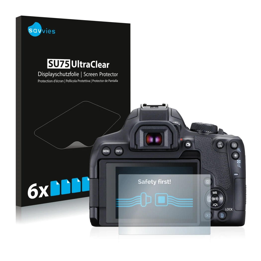 Face avant d’un emballage produit avec le logo de la marque Savvies. À côté, l’appareil Canon EOS 850D est représenté avec la 