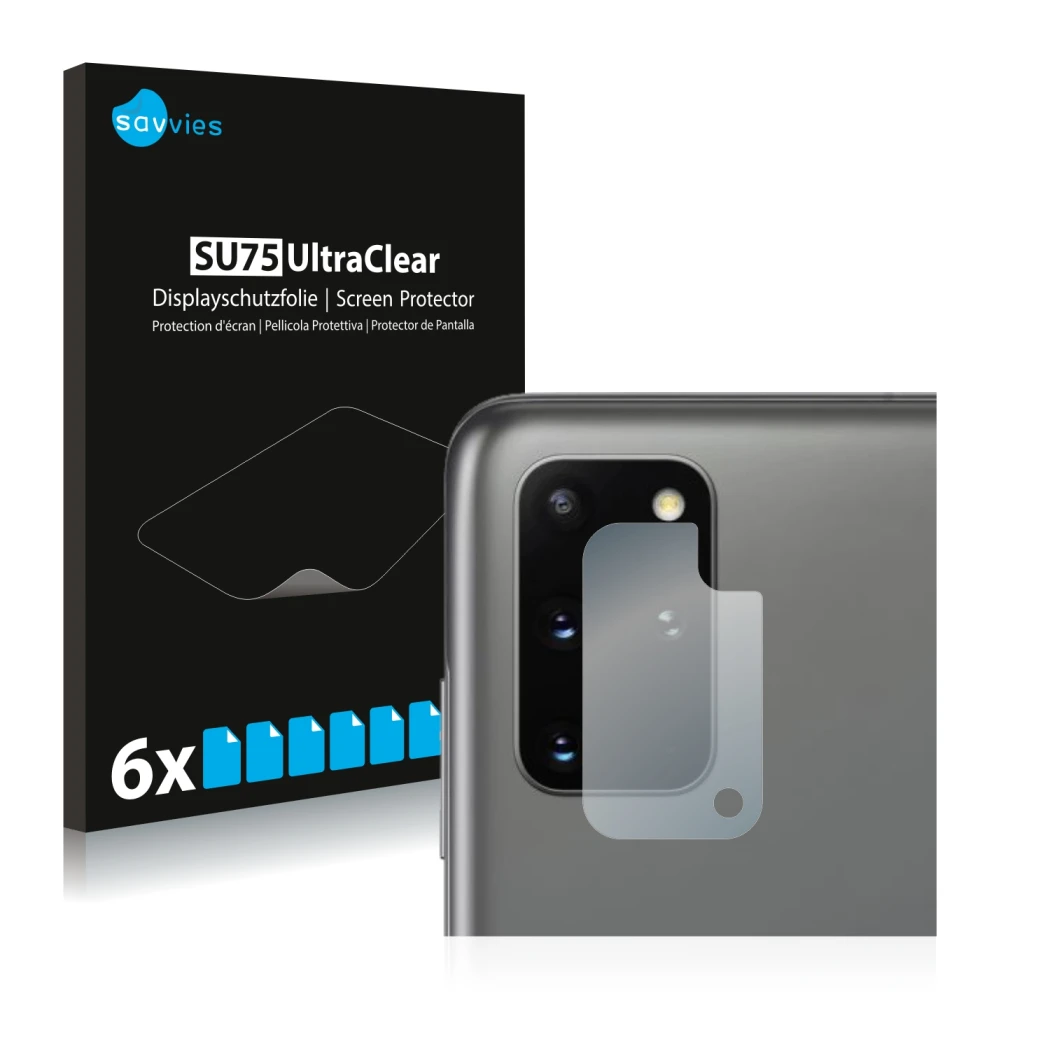 Face avant d’un emballage produit avec le logo de la marque Savvies. À côté, l’appareil Samsung Galaxy S20 Plus 5G (Caméra UNI