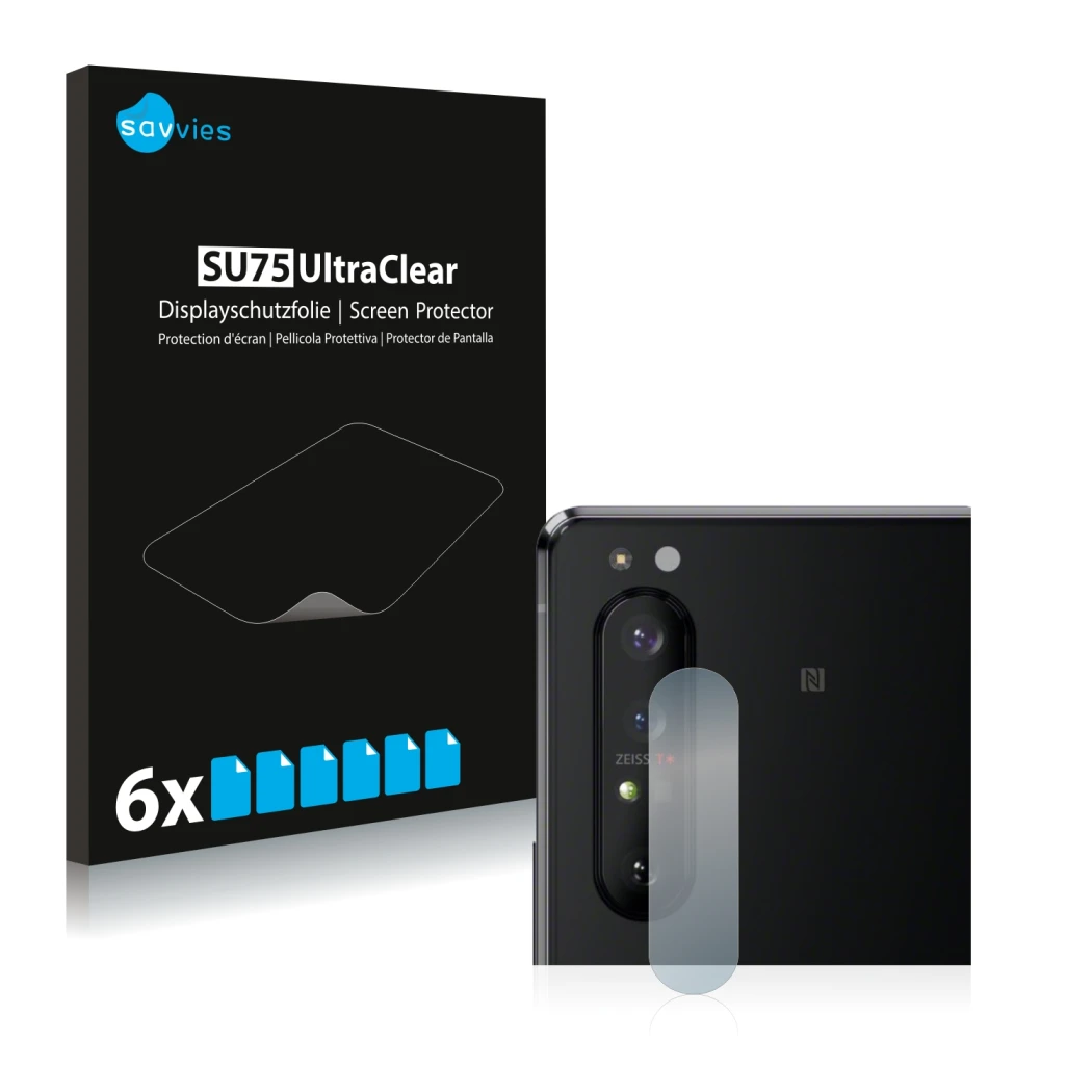 Face avant d’un emballage produit avec le logo de la marque Savvies. À côté, l’appareil Sony Xperia 1 II (Caméra UNIQUEMENT) e