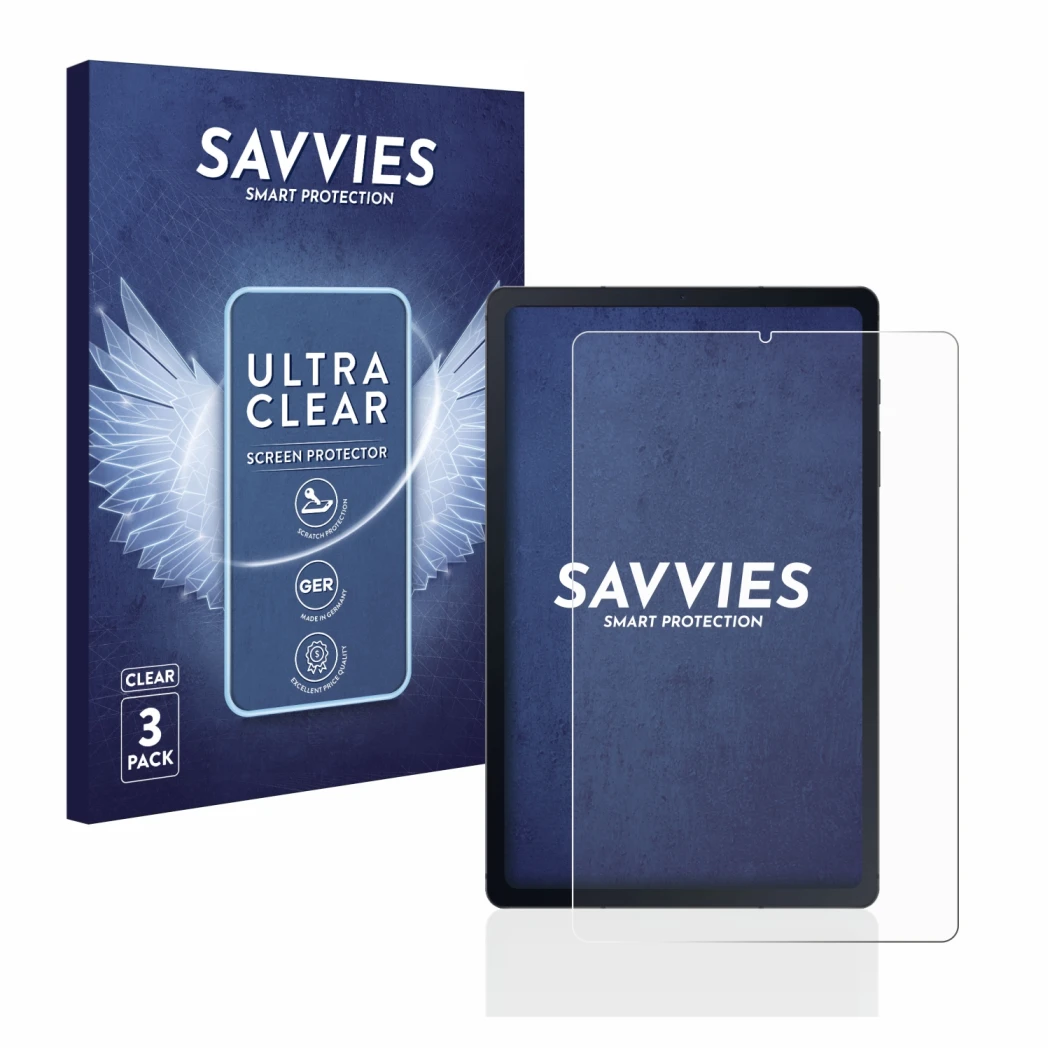 Face avant d’un emballage produit avec le logo de la marque Savvies. À côté, l’appareil Samsung Galaxy Tab S6 Lite LTE 2020 es