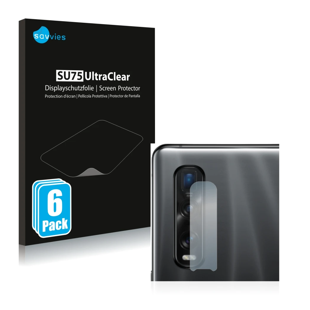 Face avant d’un emballage produit avec le logo de la marque Savvies. À côté, l’appareil Oppo Find X2 Pro (Caméra UNIQUEMENT) e