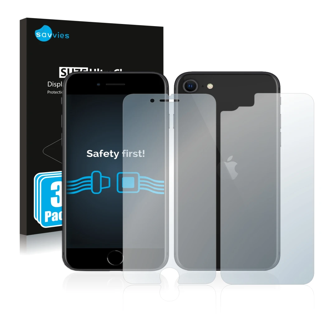 Face avant d’un emballage produit avec le logo de la marque Savvies. À côté, l’appareil Apple iPhone SE 2 2020 (Avant+Arrière)