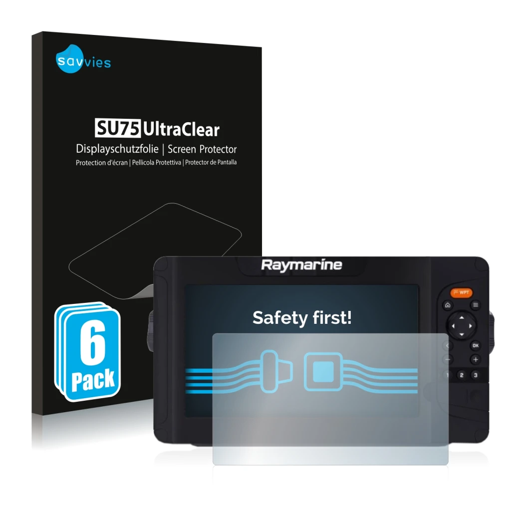 Face avant d’un emballage produit avec le logo de la marque Savvies. À côté, l’appareil Raymarine Element 7 HV est représenté 