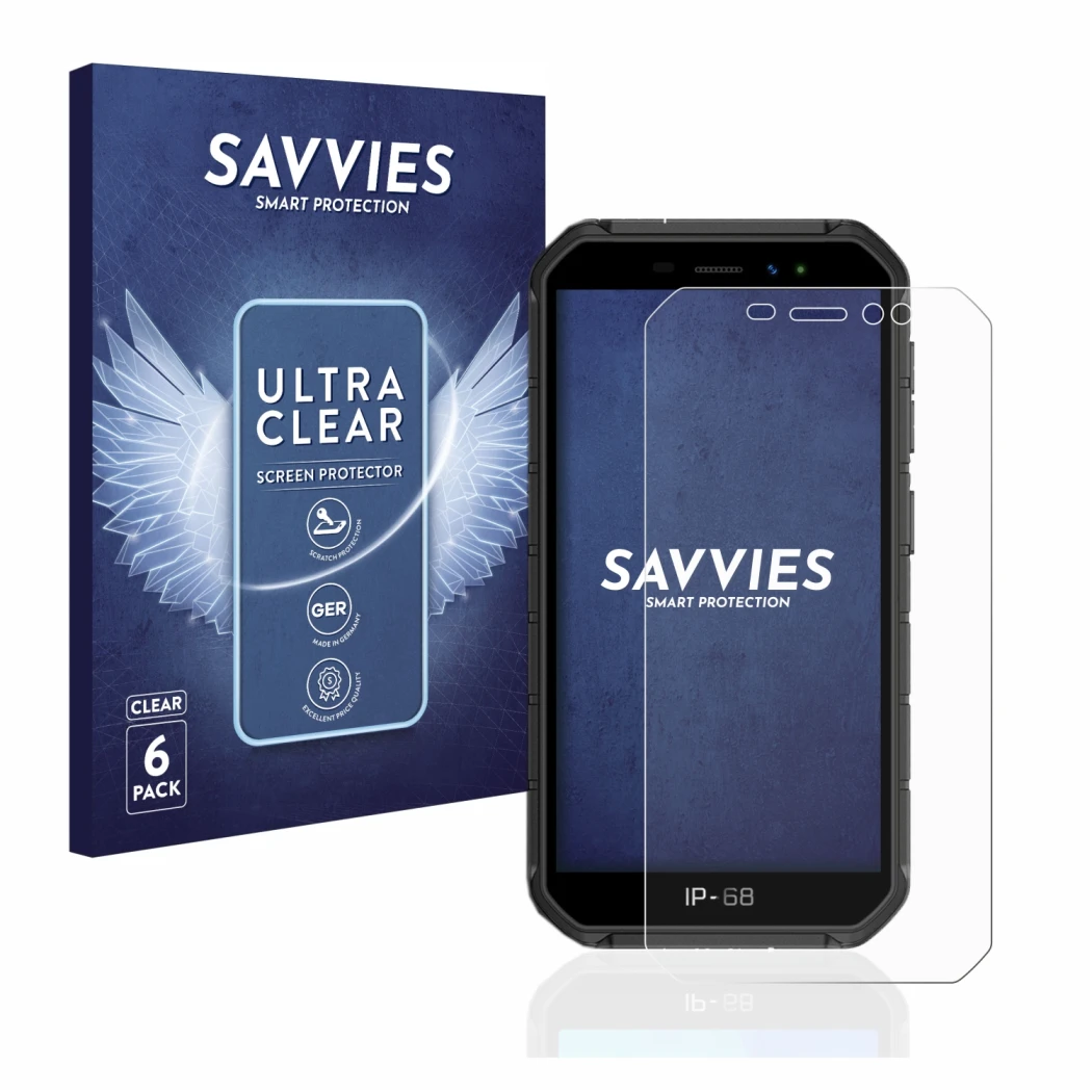 Face avant d’un emballage produit avec le logo de la marque Savvies. À côté, l’appareil Ulefone Armor X7 Pro est représenté av