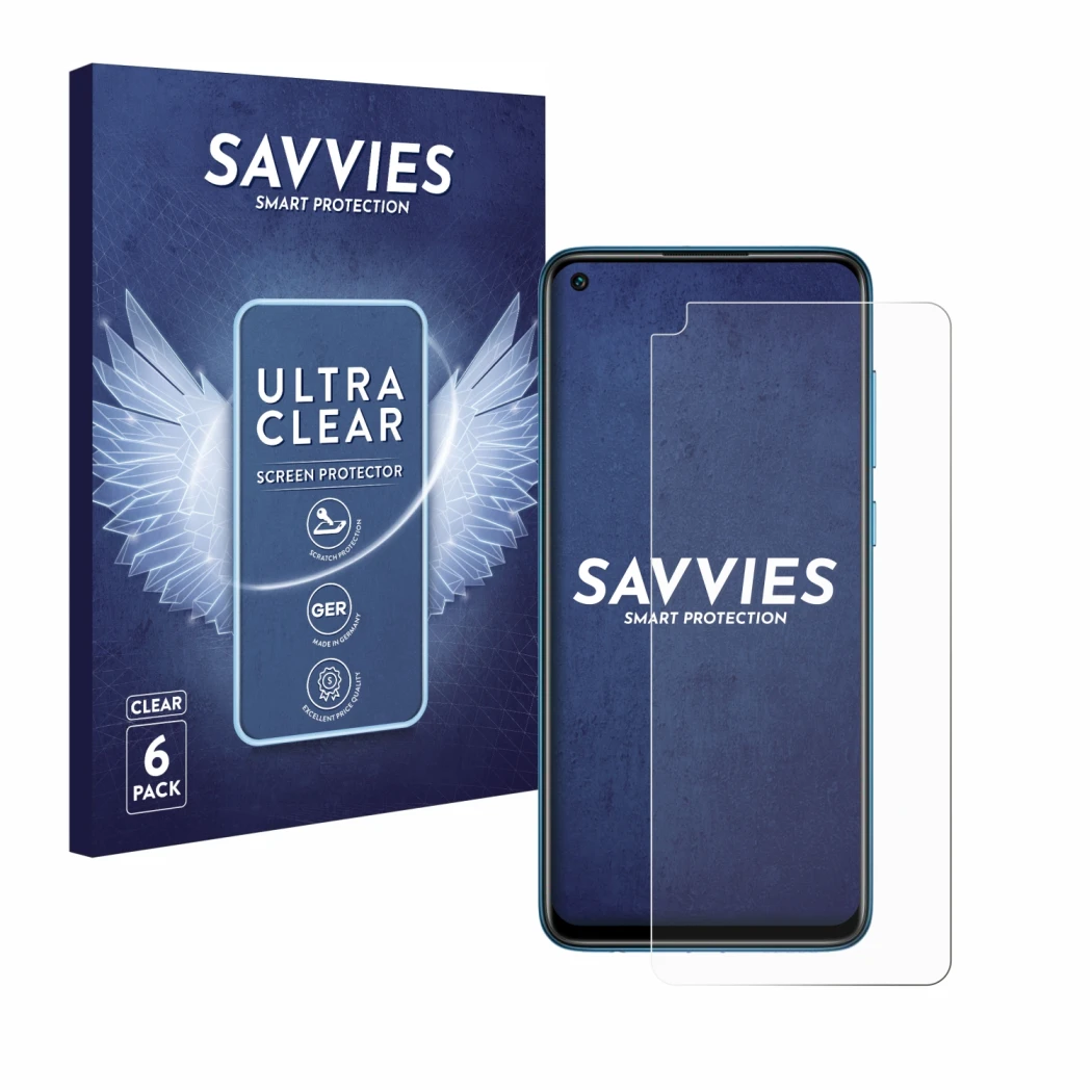 Face avant d’un emballage produit avec le logo de la marque Savvies. À côté, l’appareil Xiaomi Redmi Note 9 est représenté ave