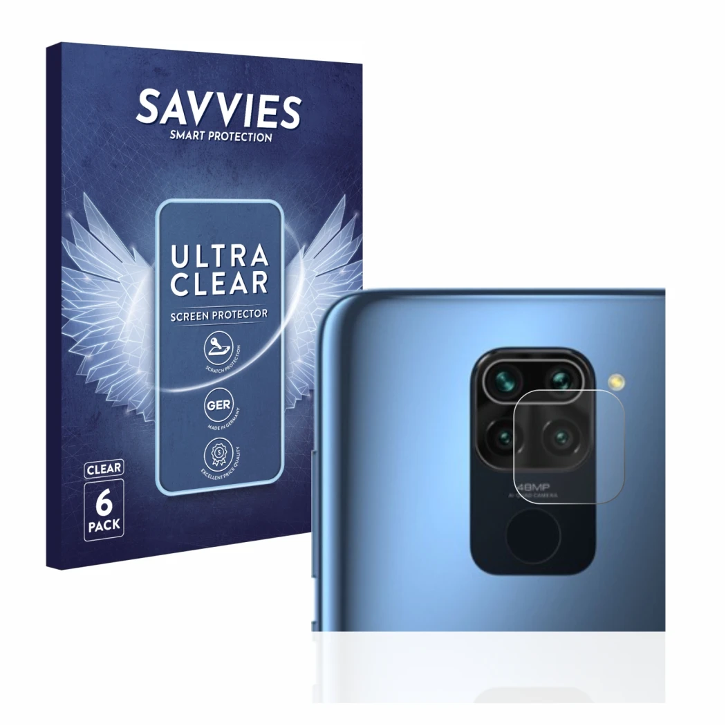 Face avant d’un emballage produit avec le logo de la marque Savvies. À côté, l’appareil Xiaomi Redmi Note 9 (Caméra UNIQUEMENT