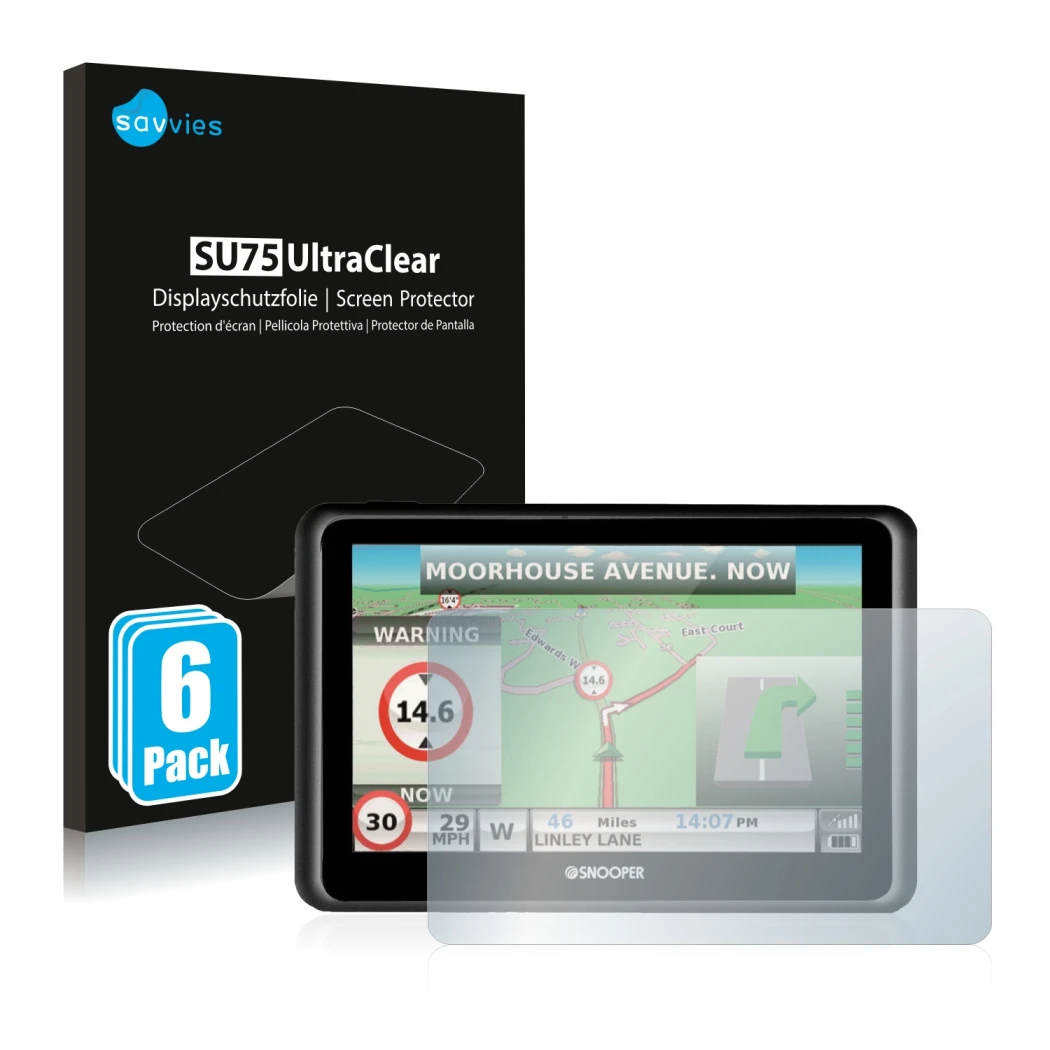 Face avant d’un emballage produit avec le logo de la marque Savvies. À côté, l’appareil Snooper Truckmate S6900 est représenté