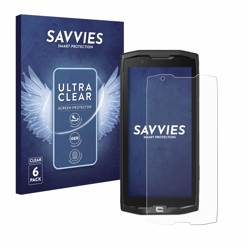 Face avant d’un emballage produit avec le logo de la marque Savvies. À côté, l’appareil Crosscall Core X4 est représenté avec 