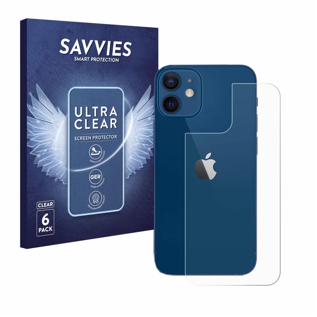 Face avant d’un emballage produit avec le logo de la marque Savvies. À côté, l’appareil Apple iPhone 12 (Arrière) est représen
