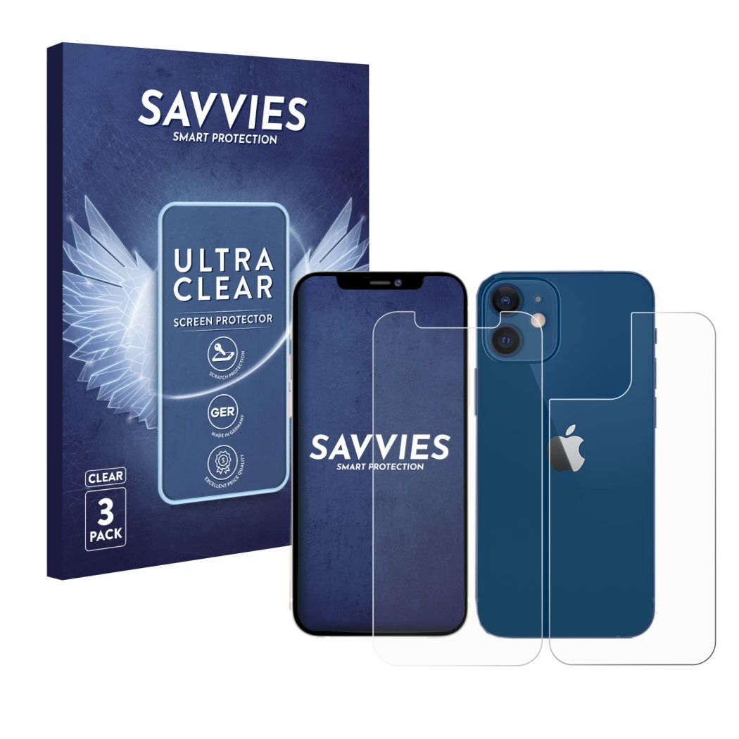 Face avant d’un emballage produit avec le logo de la marque Savvies. À côté, l’appareil Apple iPhone 12 (Avant+Arrière) est re