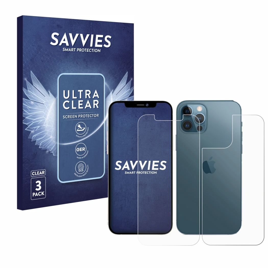 Face avant d’un emballage produit avec le logo de la marque Savvies. À côté, l’appareil Apple iPhone 12 Pro Max (Avant+Arrière