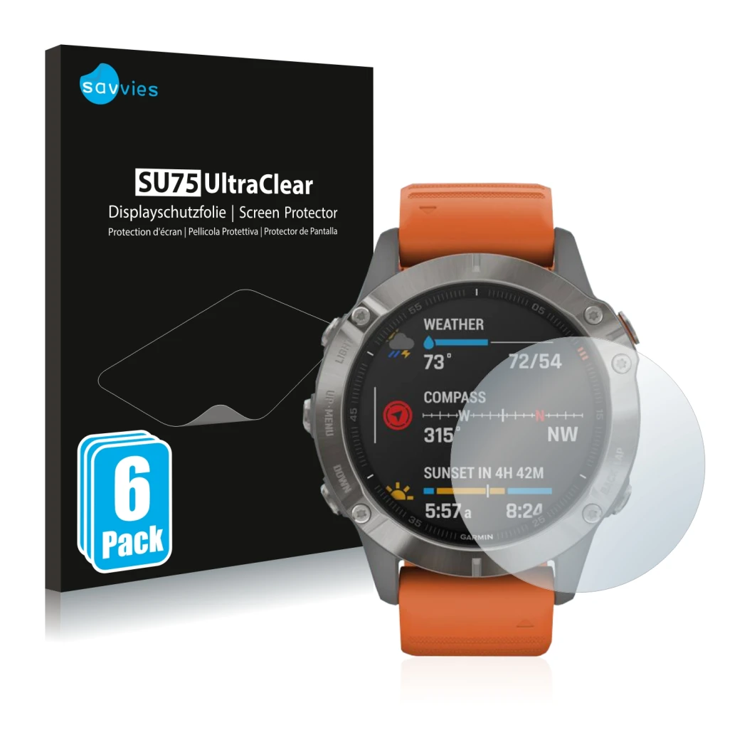 Face avant d’un emballage produit avec le logo de la marque Savvies. À côté, l’appareil Garmin Fenix 6 Pro Solar est représent