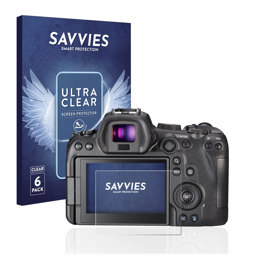 Face avant d’un emballage produit avec le logo de la marque Savvies. À côté, l’appareil Canon EOS R6 est représenté avec la pr