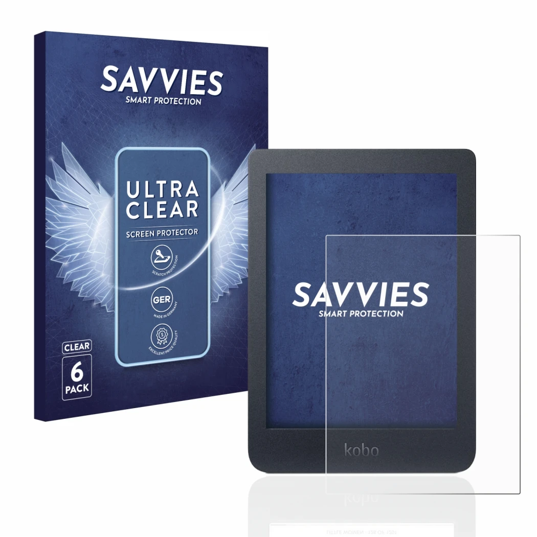 Face avant d’un emballage produit avec le logo de la marque Savvies. À côté, l’appareil Kobo Nia est représenté avec la protec