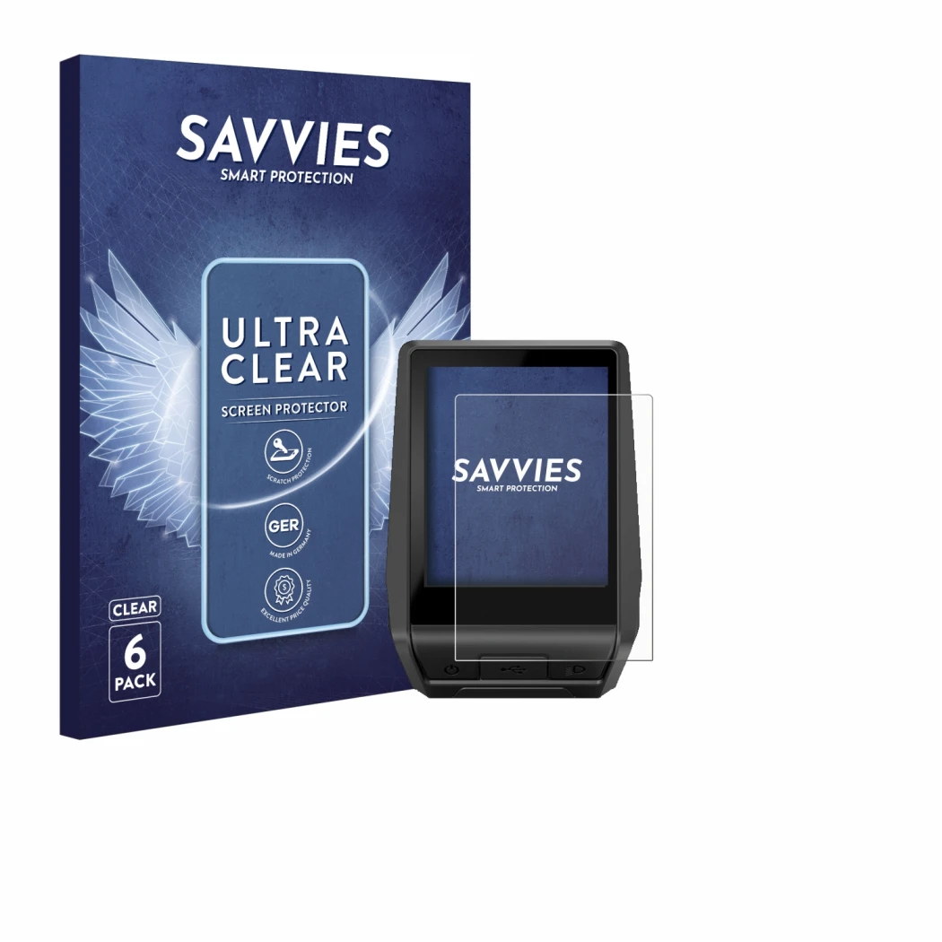 Face avant d’un emballage produit avec le logo de la marque Savvies. À côté, l’appareil Bosch Nyon 2020 est représenté avec la