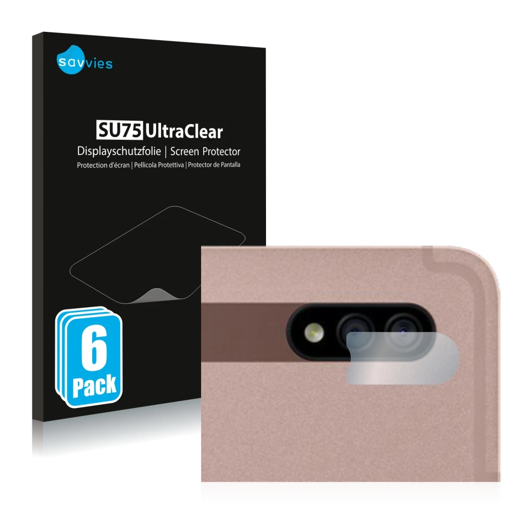 Face avant d’un emballage produit avec le logo de la marque Savvies. À côté, l’appareil Samsung Galaxy Tab S7 WiFi 2020 (Camér