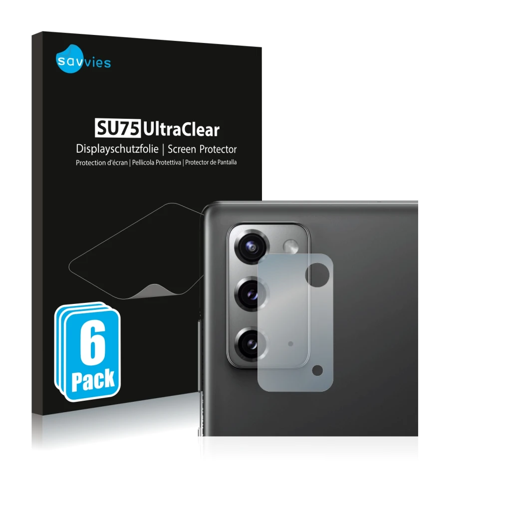 Face avant d’un emballage produit avec le logo de la marque Savvies. À côté, l’appareil Samsung Galaxy Note 20 5G (Caméra UNIQ