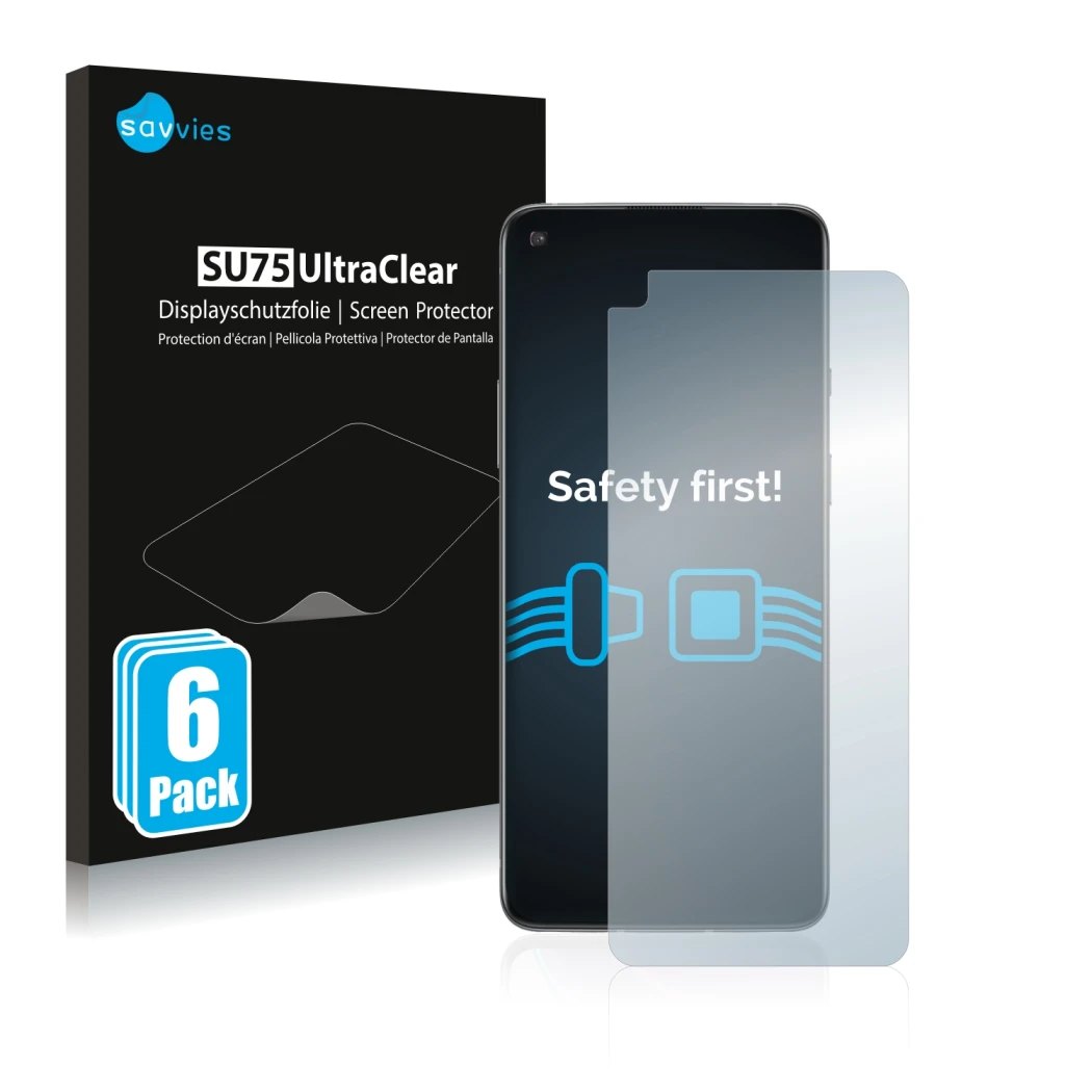 Face avant d’un emballage produit avec le logo de la marque Savvies. À côté, l’appareil OnePlus 8T est représenté avec la prot