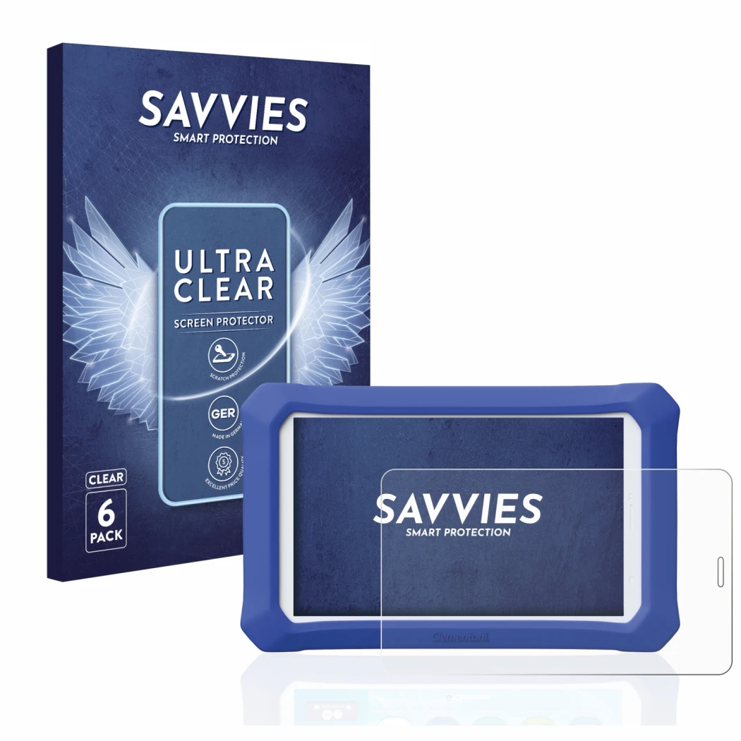 Face avant d’un emballage produit avec le logo de la marque Savvies. À côté, l’appareil Clementoni Clempad 9 Plus est représen
