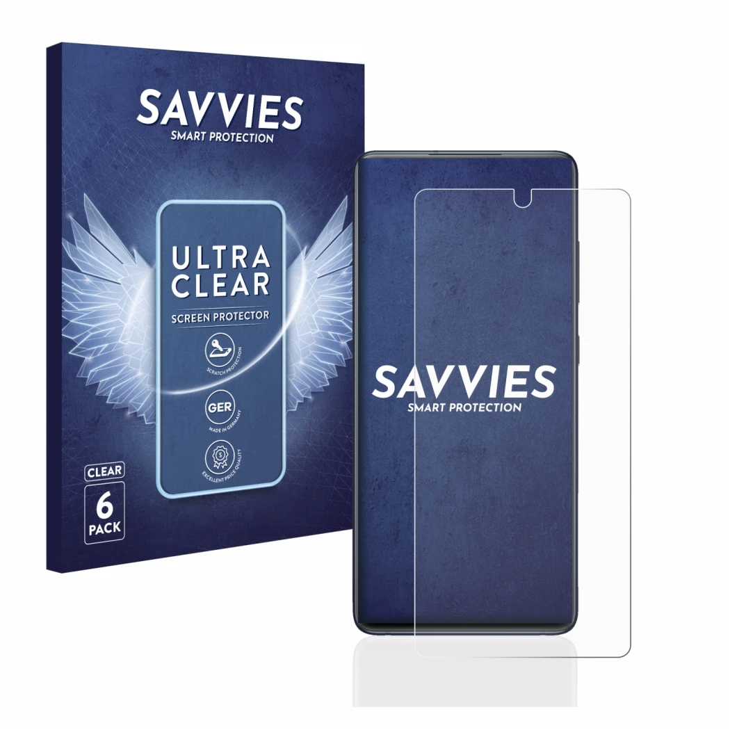 Face avant d’un emballage produit avec le logo de la marque Savvies. À côté, l’appareil Samsung Galaxy S20 FE est représenté a