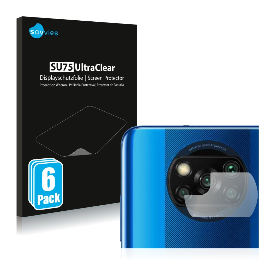 Face avant d’un emballage produit avec le logo de la marque Savvies. À côté, l’appareil Xiaomi Poco X3 NFC (Caméra UNIQUEMENT)