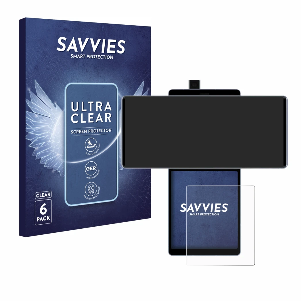 Face avant d’un emballage produit avec le logo de la marque Savvies. À côté, l’appareil LG Wing (Affichage arrière) est représ