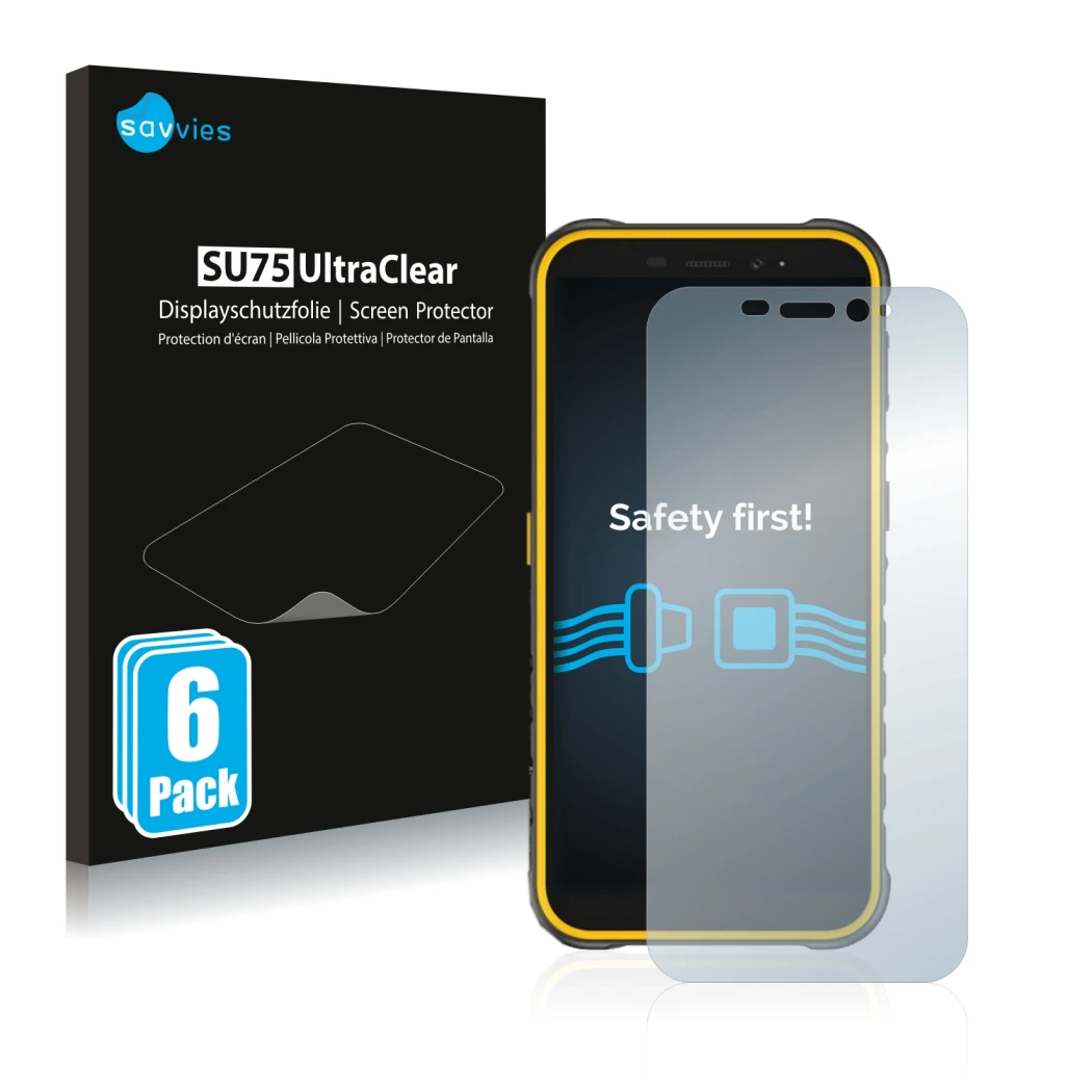 Face avant d’un emballage produit avec le logo de la marque Savvies. À côté, l’appareil Ulefone Armor X8 est représenté avec l