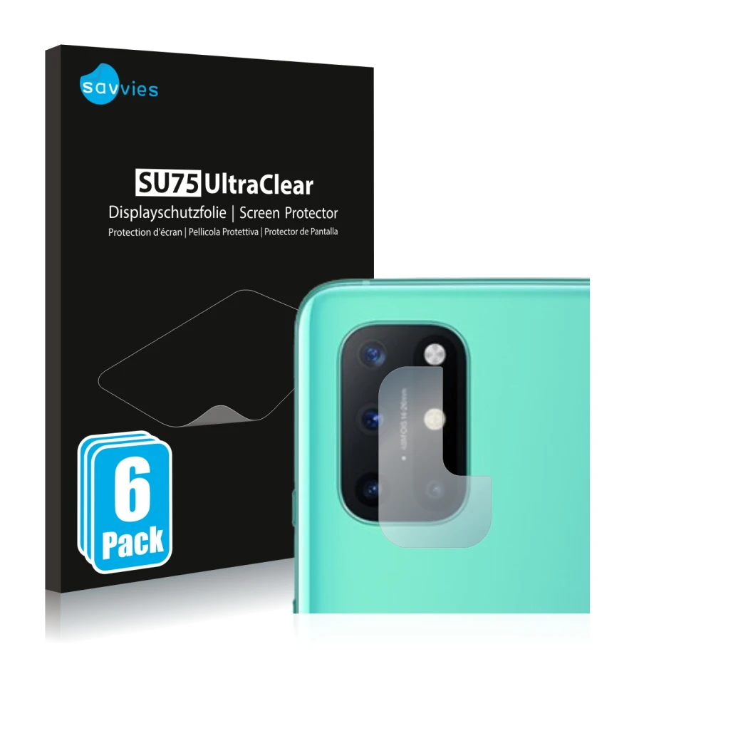 Face avant d’un emballage produit avec le logo de la marque Savvies. À côté, l’appareil OnePlus 8T (Caméra UNIQUEMENT) est rep