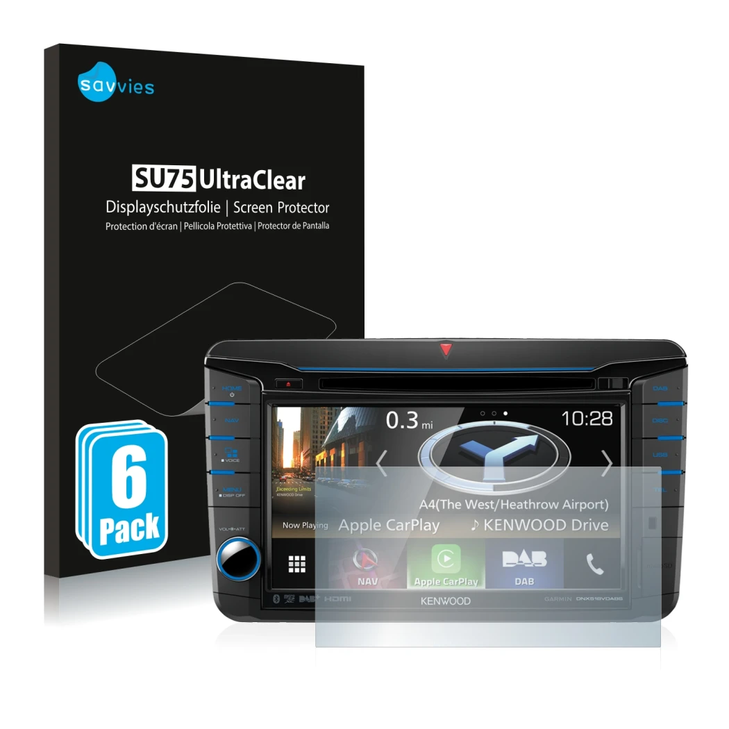 Face avant d’un emballage produit avec le logo de la marque Savvies. À côté, l’appareil Kenwood DNX518VDABS est représenté ave