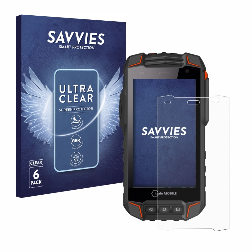 Face avant d’un emballage produit avec le logo de la marque Savvies. À côté, l’appareil i.safe MOBILE IS530.1 est représenté a