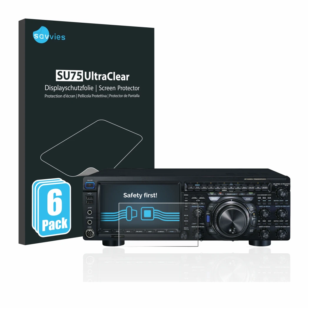 Face avant d’un emballage produit avec le logo de la marque Savvies. À côté, l’appareil Yaesu FT-DX101D est représenté avec la