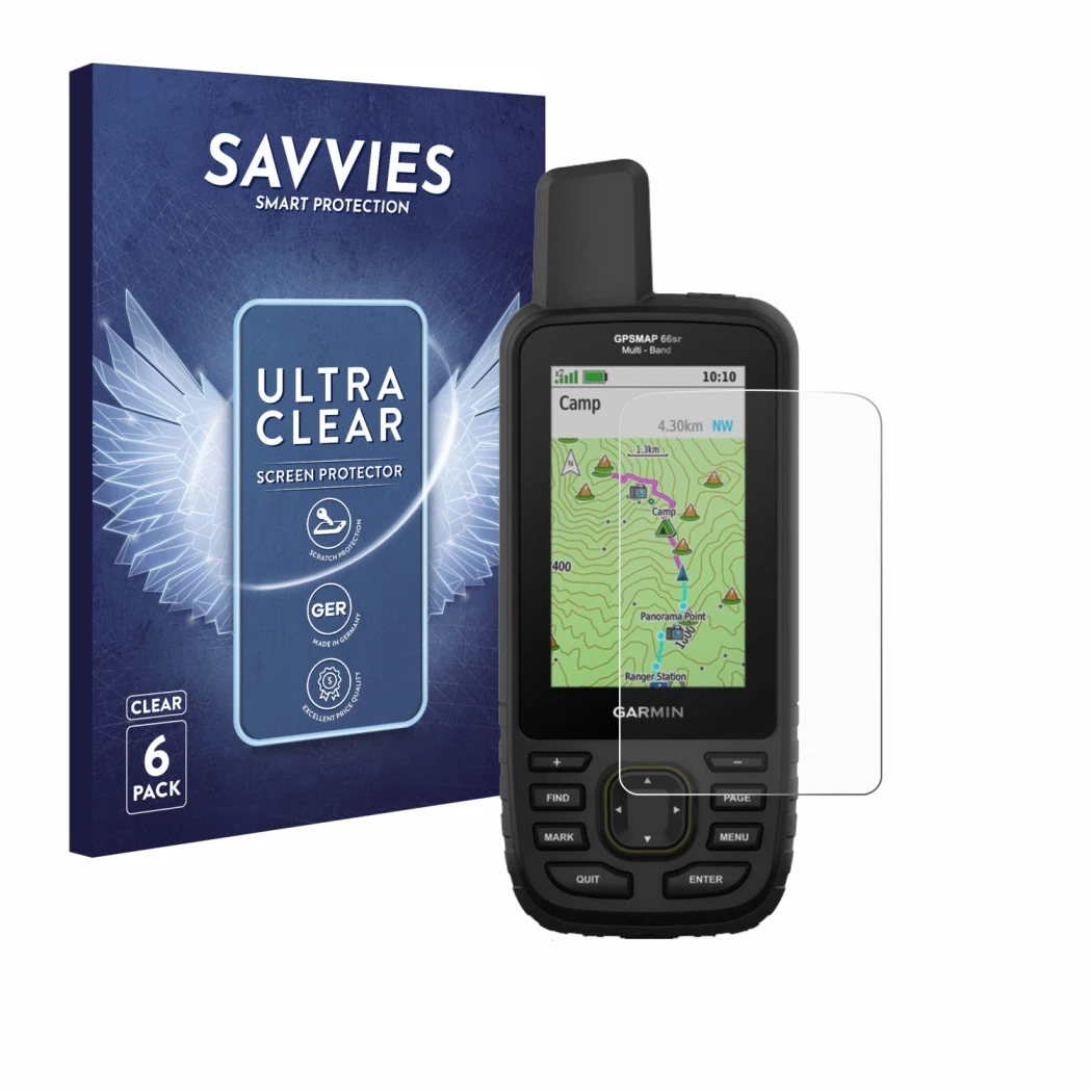 Face avant d’un emballage produit avec le logo de la marque Savvies. À côté, l’appareil Garmin GPSMAP 66sr est représenté avec